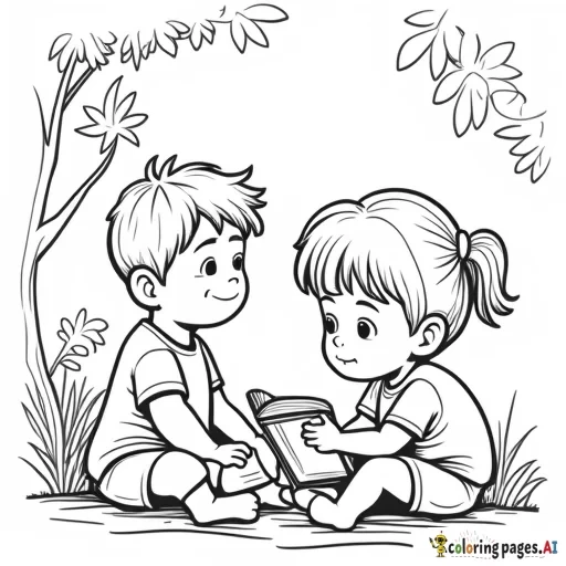 Boy and a girl reading a book by a lake closeup scene., Coloring Page, black and white, line art, white background, Simplicity, Ample White Space. The background of the coloring page is plain white to make it easy for young children to color within the lines. The outlines of all the subjects are easy to distinguish, making it simple for kids to color without too much difficulty