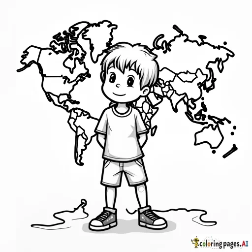 Boy with a world map in the background