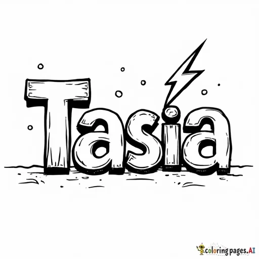 bubble letter name Tasia with ightening bolt COMING OUT of the letter T