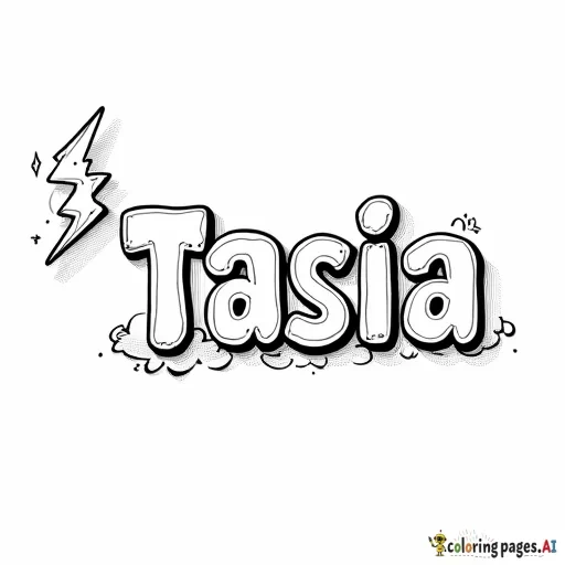 bubble letter name Tasia with ightening bolt coming out of the letter T