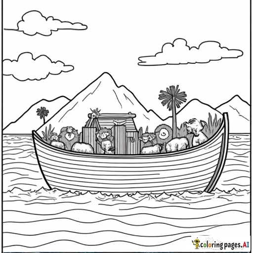 GENESIS with animals on an Ark on the ocean with mountains in the background