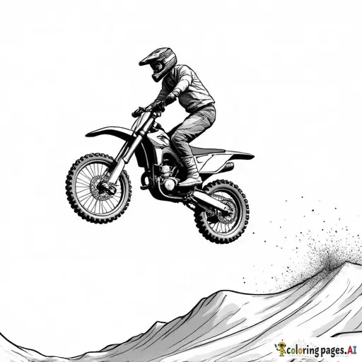 Can you make me a black and white coloring page of a dirtbike throwing a whip mid air