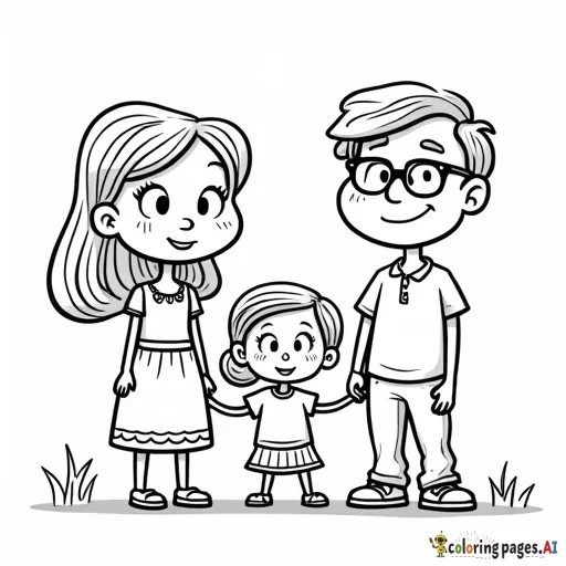 Cartoon 2 year old 2 year oldgirl, 5 year old girl, mom, dad with glasses