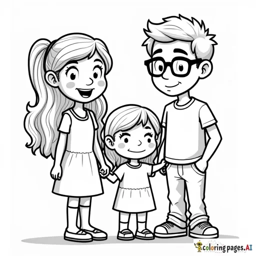 Cartoon 2 year old girl, 5 year old girl, mom, dad with glasses