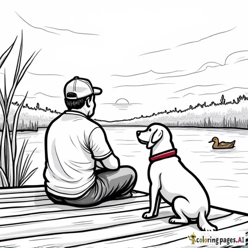 Cartoon drawing of a man in a ballcap hat wearing camo sitting on a dock facing the water looking at the sunrise with 2 dogs, a chocolate lab and yellow lab next to him. In the water, there are lots of ducks