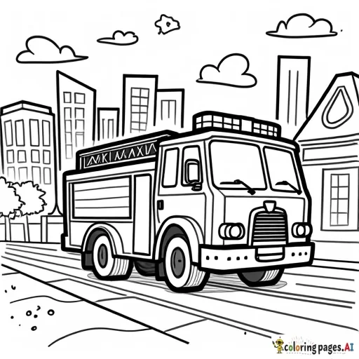 cartoon illustration, coloring book page, happy firetruck, city, black and white, clean