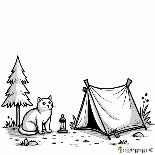 cat at a campsite with a tent and lantern