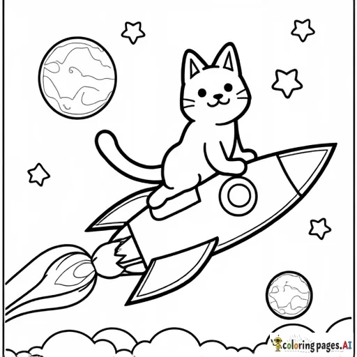 cat riding on rocketship with stars and planets