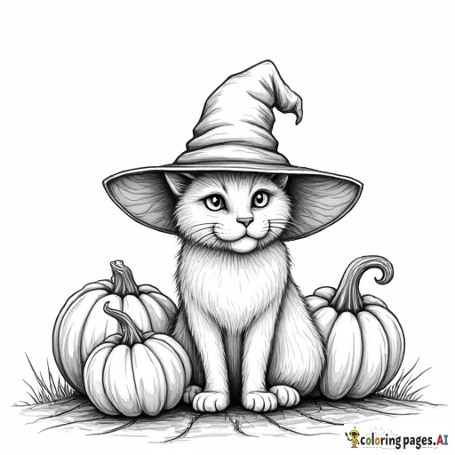 cat with witch hat and pumpkins