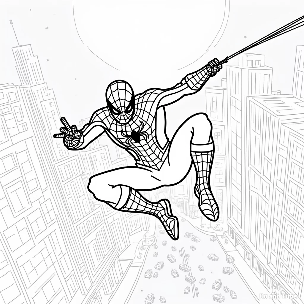 Spider-Man is swinging high above the city skyline, holding onto his web with one hand. Tall skyscrapers and bright lights fill the background, and the moon shines brightly in the night sky. Below, tiny cars and people can be seen on the busy streets, creating a sense of height and excitement.