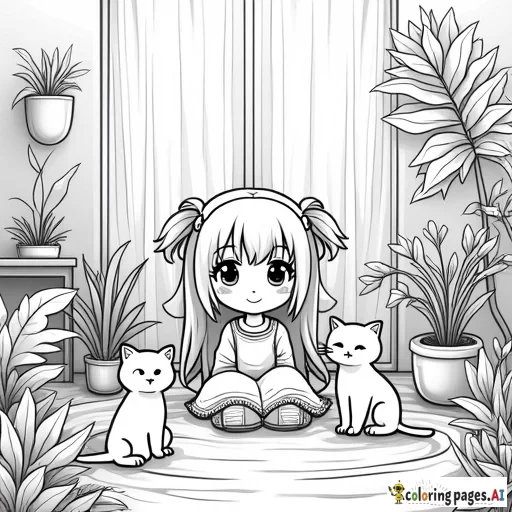 Chibi style anime girl surrounded by plants in her bedroom with her 3 cats.