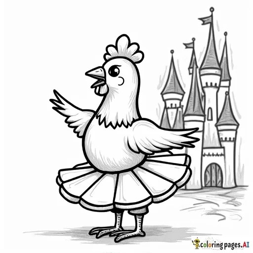chicken dressed as a ballerina in a castle listening to music