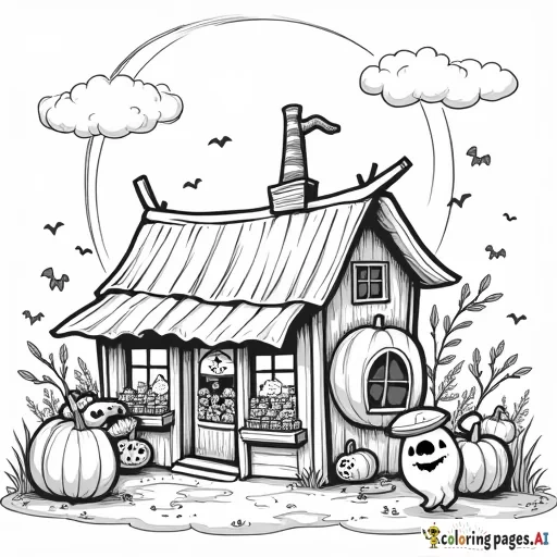 Child friendly halloween market with ghosts and scarecrow, simple