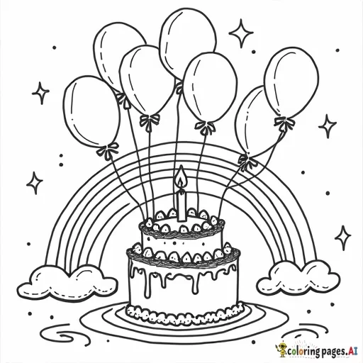 child's coloring page for birthday with cake and balloons and rainbows