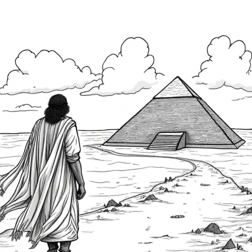children coloring book styled, a man sheperd heading towards the pyramids - Free Printable Coloring Page