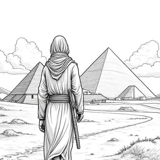 children coloring book styled, a man sheperd heading towards the pyramids , less detailed more cartoon like - Free Printable Coloring Page
