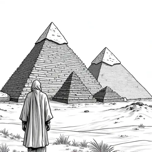 children coloring book styled, a man sheperd heading towards the pyramids , less detailed more cartoon like - Free Printable Coloring Page