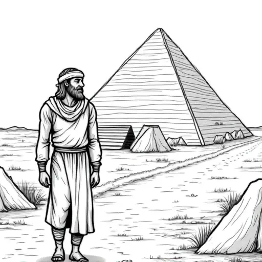 children coloring book styled, a man sheperd heading towards the pyramids , less detailed more cartoon like, animated or kawaii style, less detailed so kids can color it - Free Printable Coloring Page