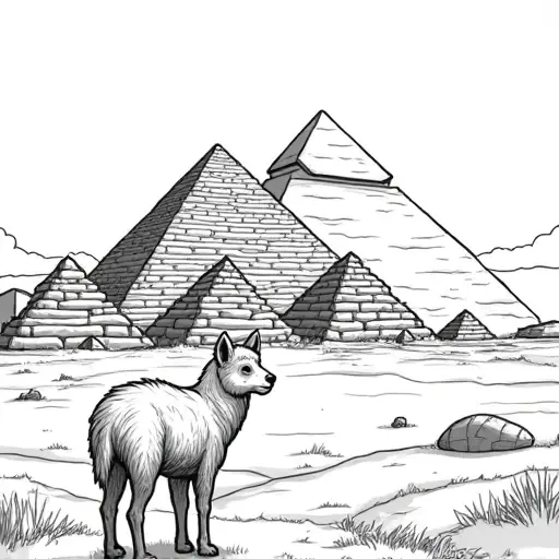 children coloring book styled, a sheperd heading towards the pyramids - Free Printable Coloring Page