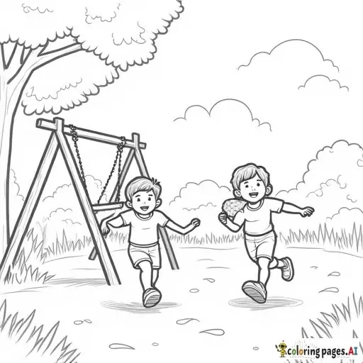 “Children playing in a park, simple black and white line art, coloring page style, kids running, swinging, and playing with a ball, trees and grass in the background, clear outlines, no colors, suitable for kids coloring book”