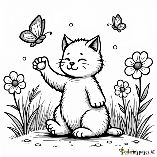 Clean line art of a cat playing in a butterfly garden with flowers, perfect for a coloring page. Cartoon style with thick outlines and ample white space