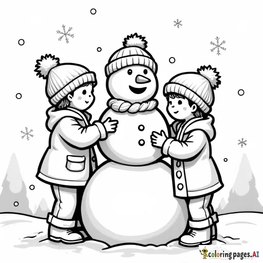 color page featuring children building a snowman