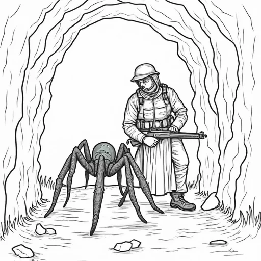 color page for soldier and spider in cave