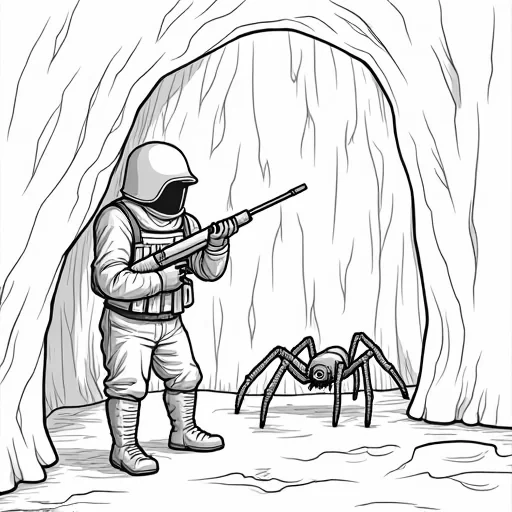 color page for soldier and spider in cave