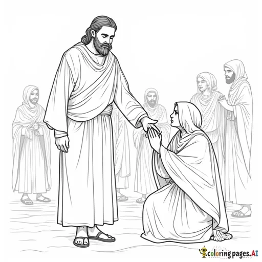 Coloring page of a picture of Jesus, turning his head, looking over his shoulder, at a woman, who is reaching out her hand to touch the tassels on the edge of Jesus's robe, in the midst of Jesus's disciples, and a group of middle eastern women, men and children, in a busy street of an ancient town. Jesus is wearing a Jewish shawl with tassels and sandals on his feet. The woman has a concerned expression, and she is kneeling, and is reaching out her hand to Jesus. Include a space for the following text: ""Daughter," said Jesus, "your faith has healed you. Go in peace and be free of your affliction." Mark 5:34"