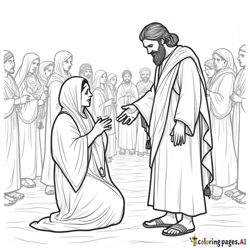 Coloring page of a picture of Jesus, turning his head, looking over his shoulder, at a woman, who is reaching out her hand to touch the tassels on the edge of Jesus's robe, in the midst of Jesus's disciples, and a group of middle eastern women, men and children, in a busy street of an ancient town. Jesus is wearing a Jewish shawl with tassels and sandals on his feet. The woman has a concerned expression, and she is kneeling, and is reaching out her hand to Jesus. Include a space for the following text: ""Daughter," said Jesus, "your faith has healed you. Go in peace and be free of your affliction." Mark 5:34"