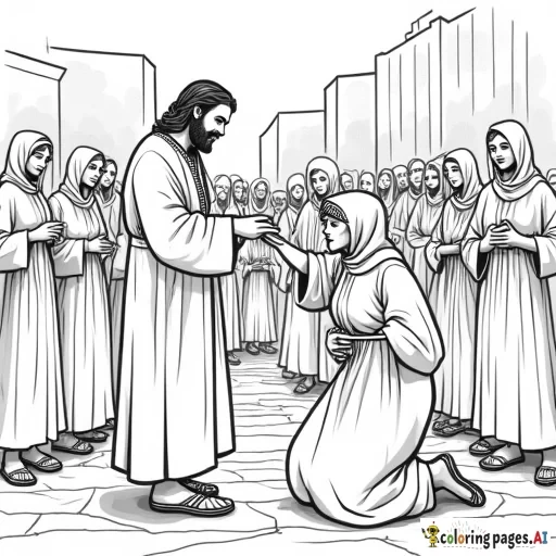 Coloring page of a picture of Jesus, turning his head, looking over his shoulder, at a woman, who is reaching out her hand to touch the tassels on the edge of Jesus's robe, in the midst of Jesus's disciples, and a group of middle eastern women, men and children, in a busy street of an ancient town. Jesus is wearing a Jewish shawl with tassels and sandals on his feet. The woman has a concerned expression, and she is kneeling, and is reaching out her hand to Jesus. Include a space for the following text: ""Daughter," said Jesus, "your faith has healed you. Go in peace and be free of your affliction." Mark 5:34"