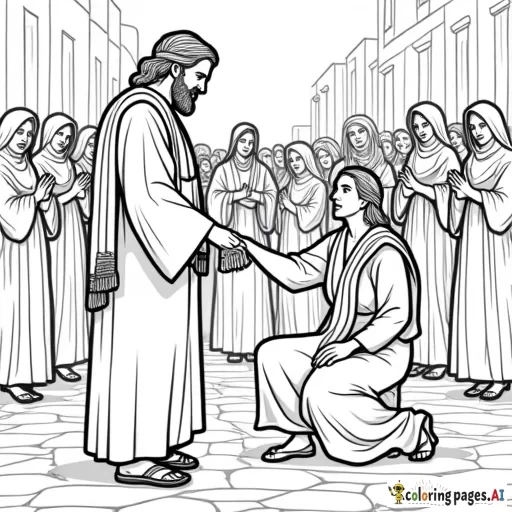 Coloring page of a picture of Jesus, turning his head, looking over his shoulder, at a woman, who is reaching out her hand to touch the tassels on the edge of Jesus's robe, in the midst of Jesus's disciples, and a group of middle eastern women, men and children, in a busy street of an ancient town. Jesus is wearing a Jewish shawl with tassels and sandals on his feet. The woman has a concerned expression, and she is kneeling, and is reaching out her hand to Jesus' feet. Include a space for the following text: ""Daughter," said Jesus, "your faith has healed you. Go in peace and be free of your affliction." Mark 5:34"