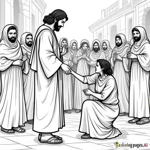Coloring page of a picture of Jesus, turning his head, looking over his shoulder, at a woman, who is reaching out her hand to touch the tassels on the edge of Jesus's robe, in the midst of Jesus's disciples, and a group of middle eastern women, men and children, in a busy street of an ancient town. Jesus is wearing a Jewish shawl with tassels and sandals on his feet. The woman has a concerned expression, and she is kneeling, and is reaching out her hand to Jesus. Include a space for the following text: ""Daughter," said Jesus, "your faith has healed you. Go in peace and be free of your affliction." Mark 5:34"