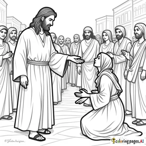 Coloring page of a picture of Jesus, turning his head, looking over his shoulder, at a woman, who is reaching out her hand to touch the tassels on the edge of Jesus's robe, in the midst of Jesus's disciples, and a group of middle eastern women, men and children, in a busy street of an ancient town. Jesus is wearing a Jewish shawl with tassels and sandals on his feet. The woman has a concerned expression, and she is kneeling, and is reaching out her hand to Jesus. Include a space for the following text: ""Daughter," said Jesus, "your faith has healed you. Go in peace and be free of your affliction." Mark 5:34"