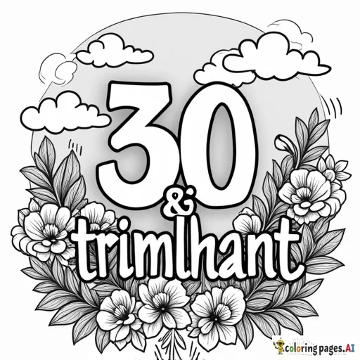 Coloring page with the words, 30 & triumphant
