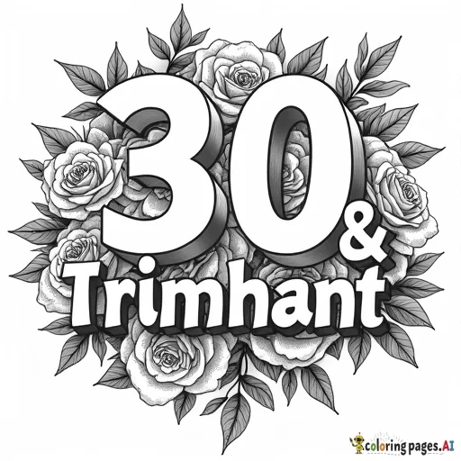 Coloring page with the words, 30 & triumphant. Decorate the words with roses blooming all around