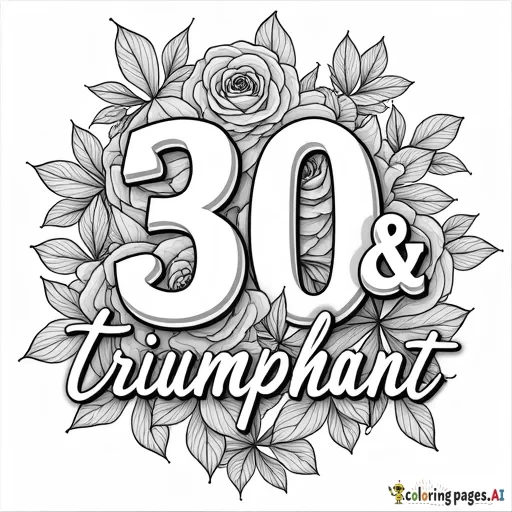 Coloring page with the words, 30 & triumphant. Decorate the words wity roses blooming all around