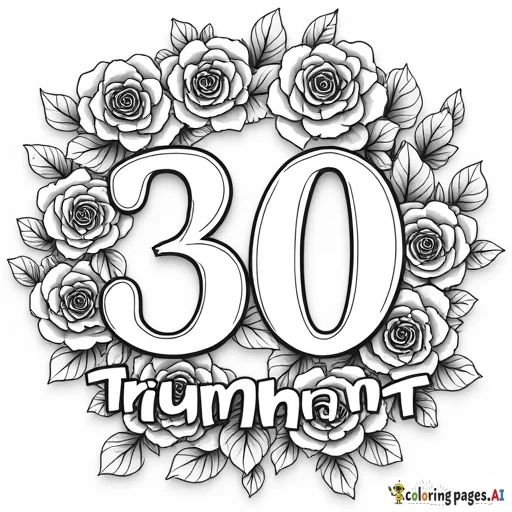 Coloring page with the words, 30 & triumphant  with roses blooming all around