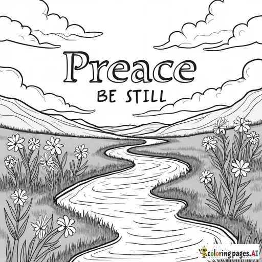 coloring pages for a adult saying "Peace, be still"  in big letters with lilies spread through a valley besides a flowing river