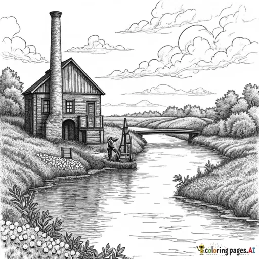 Cotton farms and a cotton gin next to a running river with workers in mills in 1790s