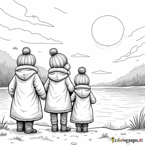 cousins bundled up in winter coats as the sun sets over the lake.