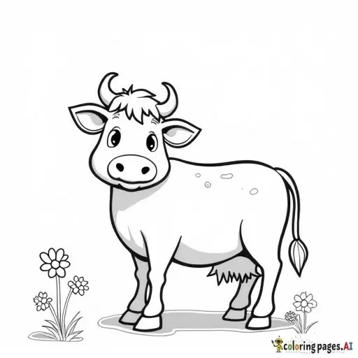 cow standing on a meadow with flowers, childrens coloring book page, black and white line art, simple cartoon style, bold outlines, no shading, easy to color for kids