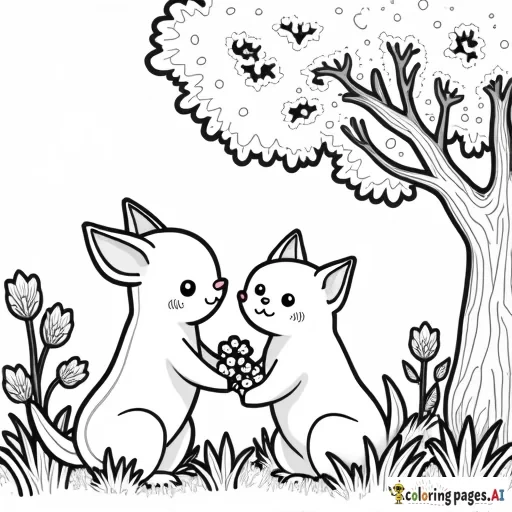 Crea una página para colorear estilo kawaii. un zorro y un gato regando tulipanes, de fondo un arbol y arbustos