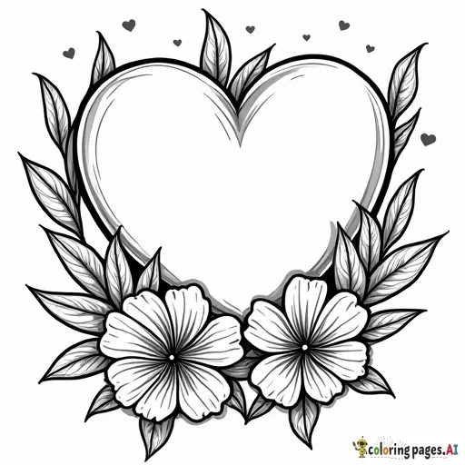 Create 5 pages of an outline of hearts and flowers for a coloring books. The objects should not be colored in. Place Happy Valentine's Day on each day
