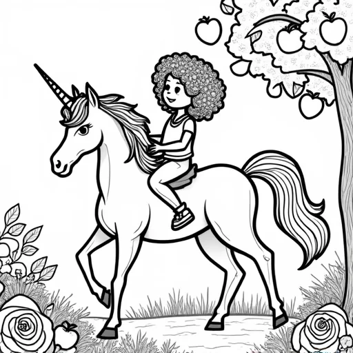Create a black and white coloring page illustration featuring a 5-year-old girl with curly hair riding a unicorn while picking apples from an apple tree. The unicorn has a flowing mane and tail, and the scene includes a whimsical garden filled with rose bushes. The design should consist of clean, detailed outlines without shading, perfect for children to color in.