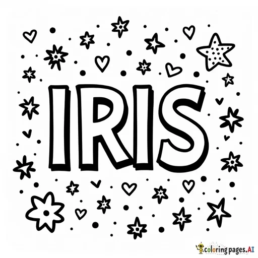 "Create a black-and-white coloring page with the name "IRIS in the center. Surround the name with fun doodles like stars, hearts, and flowers." - Free Printable Coloring Page