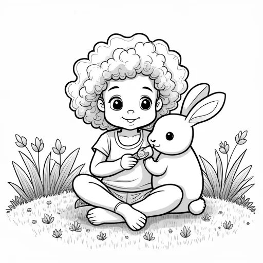 Create a black and white illustration suitable for coloring: A 5-year-old girl with curly hair holding a cute bunny in her lap, feeding it a carrot. The scene includes clear outlines and no shading, simplified for a coloring book style. The background depicts a garden with grass, flowers, and a cheerful ambiance.