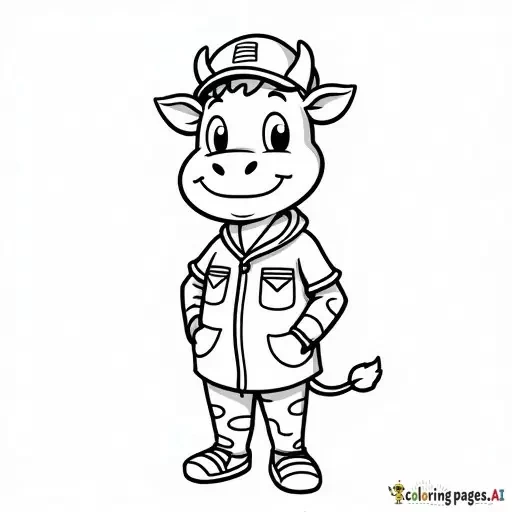 Create a black-and-white outline illustration in a perfect square 1:1 ratio for a children’s coloring book. Draw one large, cute cartoon-style Cow character dressed as a Postman, including recognizable uniform elements and accessories for that profession. All markings and patterns on the animal (such as stripes or spots) must be drawn as hollow outlines with no solid black fill. The character should have a friendly and simple expression, be centered and large in the frame, with a clear pose that reflects the profession. Use bold, smooth, and even black outlines with clean white interiors, no shading, no grayscale, and no solid black fills anywhere. Keep the background plain white with no extra decorations. The composition should be simple, clear, and easy to color, suitable for children’s coloring books.