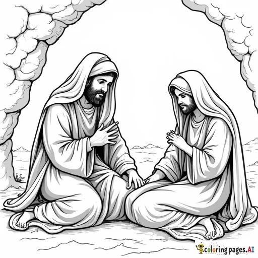 Create a children's coloring book that retells the story of the resurrection of Jesus Christ.  On page 1 begin with the two Mary's entering the cave tomb to anoint Jesus' Body with spices and oils.  Page 2 shows the two maidens listening to an angel.  Page 3 the two maidens head to Galilee an old city.  They are going to meet the disciples there.  Jesus surprises the two women on the road.  Page 4 Several guards are seen reporting to a group of priests.   In a bubble cloud like a memory show that the guards were watching the women talk to Jesus in the street.  Page 5 Show the women telling talking to a group of disciples listening attentively.   The tittle of the book will be "He's Not There" on the cover page only.  The other pages will feature the same characters throughout.