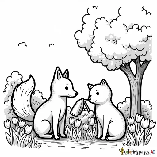 Create a Coco Wyo-inspired coloring page. A fox and a cat watering tulips, with a tree and bushes in the background.